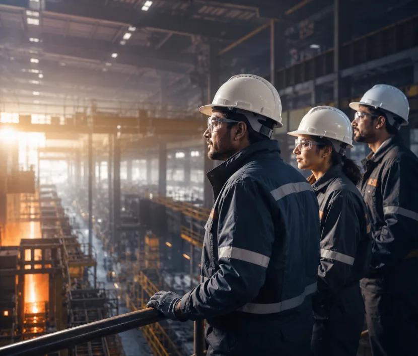 BR Steel & Power team members reviewing plans on the plant floor.
