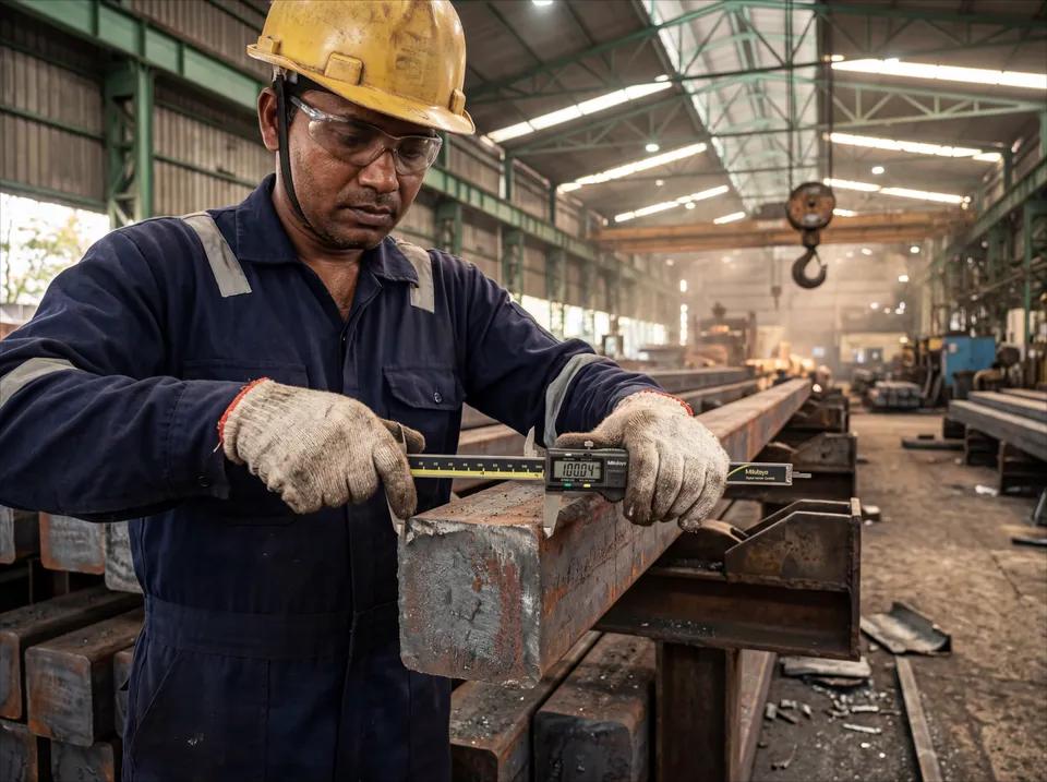 Worker measuring a steel billet against spec with calipers