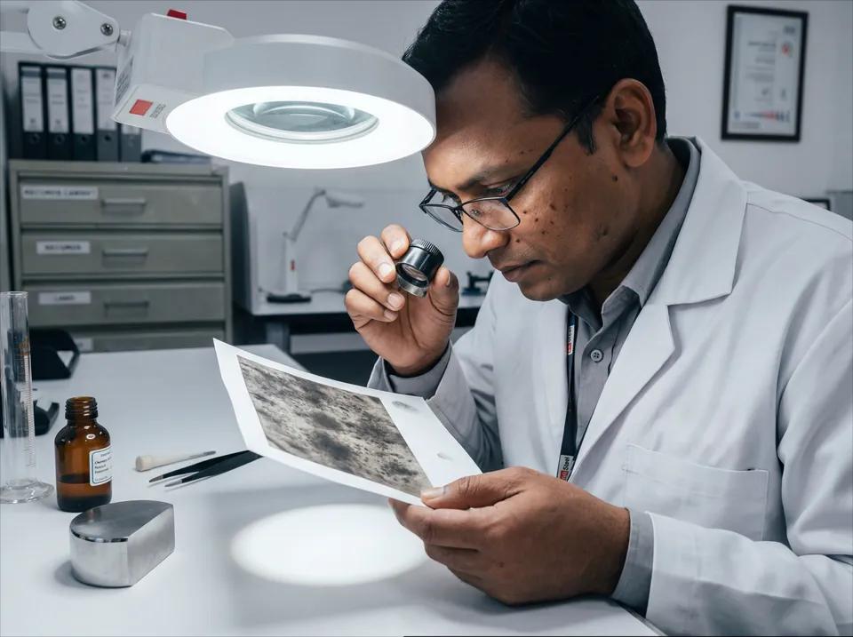 Engineer examining a sulphur print under magnification