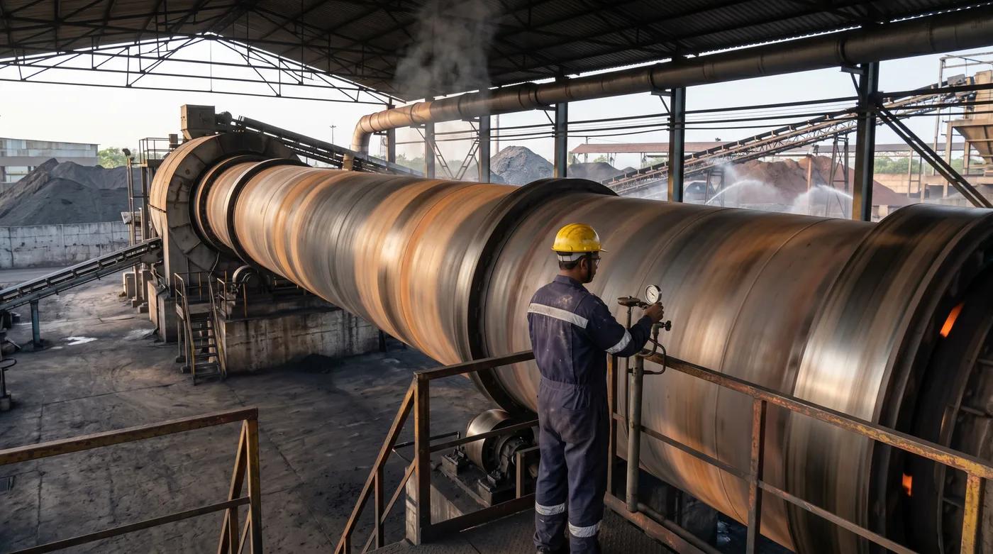 Rotary DRI kiln with an operator checking the drive.