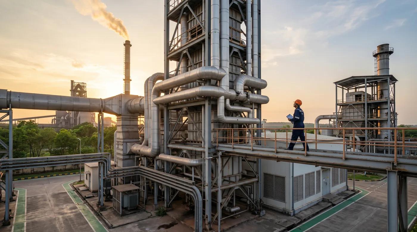 Waste-heat recovery and power plant at sunset.