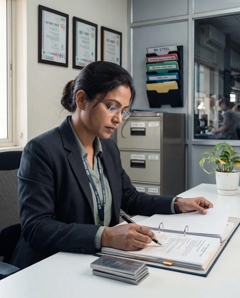 Quality manager reviewing certification documents