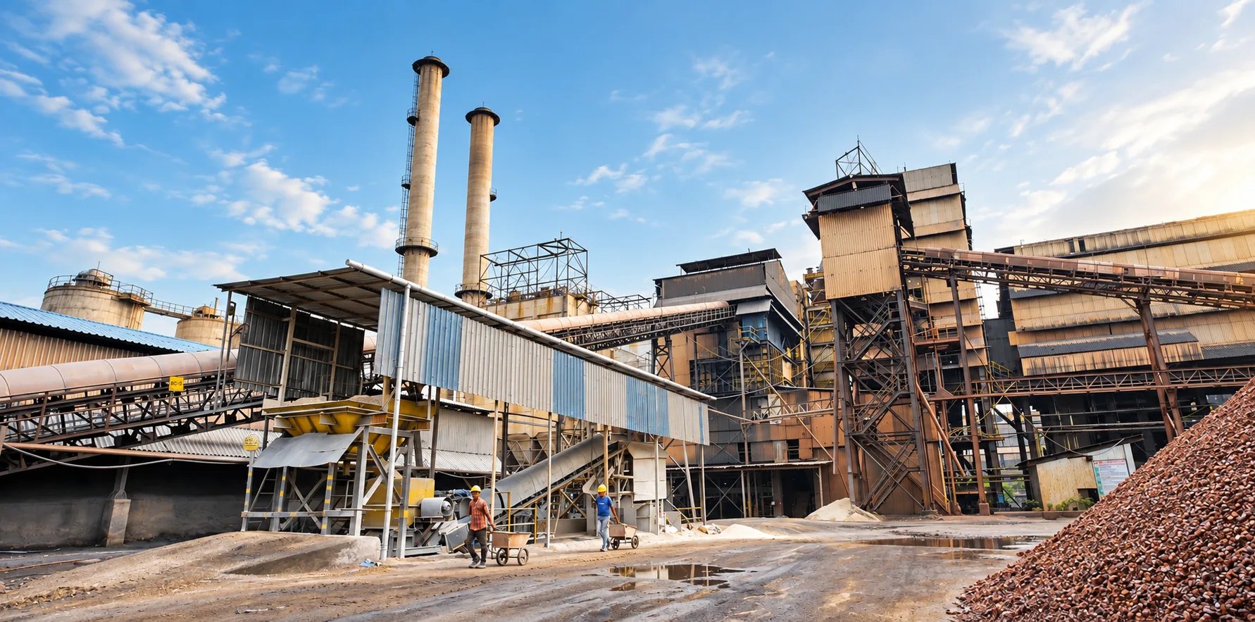 BR Steel & Power plant yard — twin chimneys, conveyor galleries and kiln structures, with hard-hatted workers crossing beside an iron-ore stockpile.