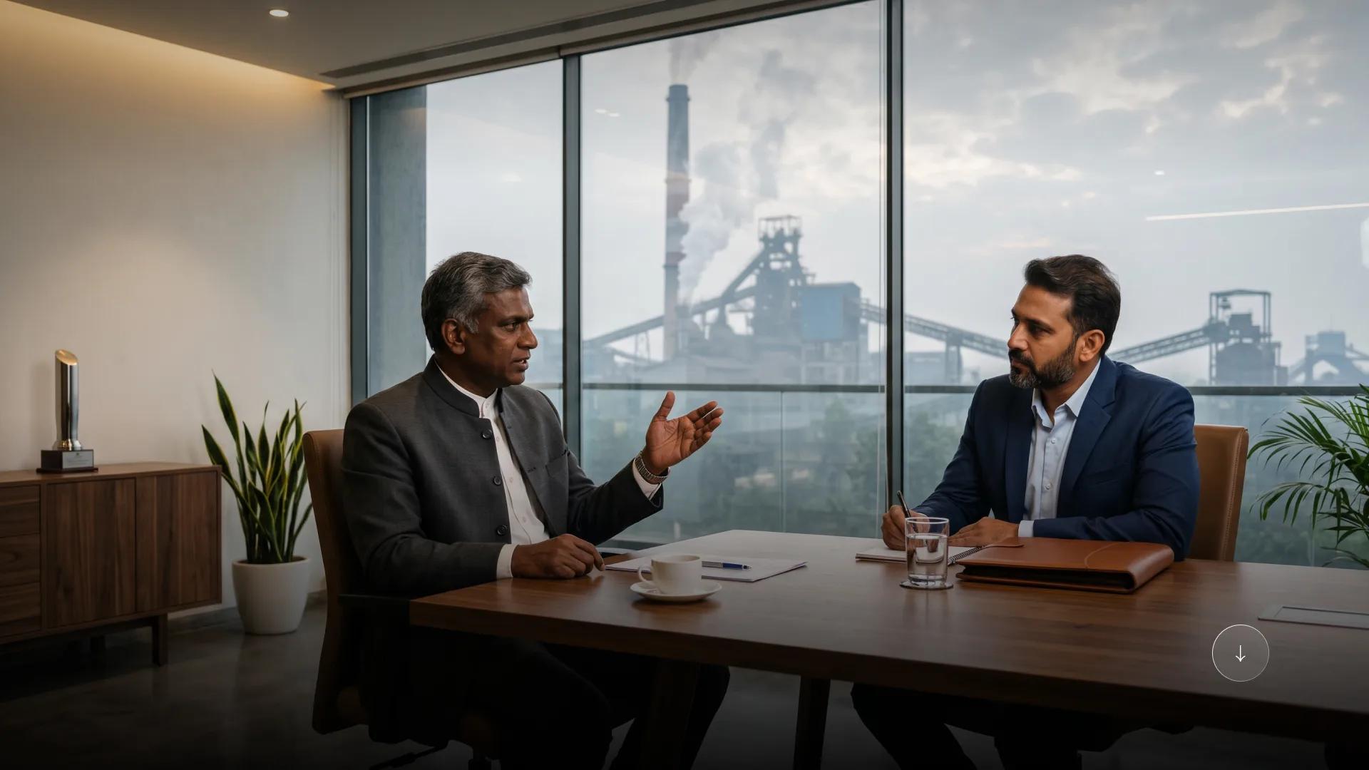 Two BR Steel & Power executives in conversation across a boardroom table, the plant visible through the window behind them.