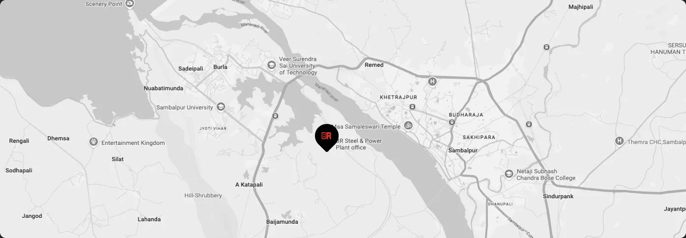 Map of Sambalpur, Odisha with the BR Steel & Power facility marked.