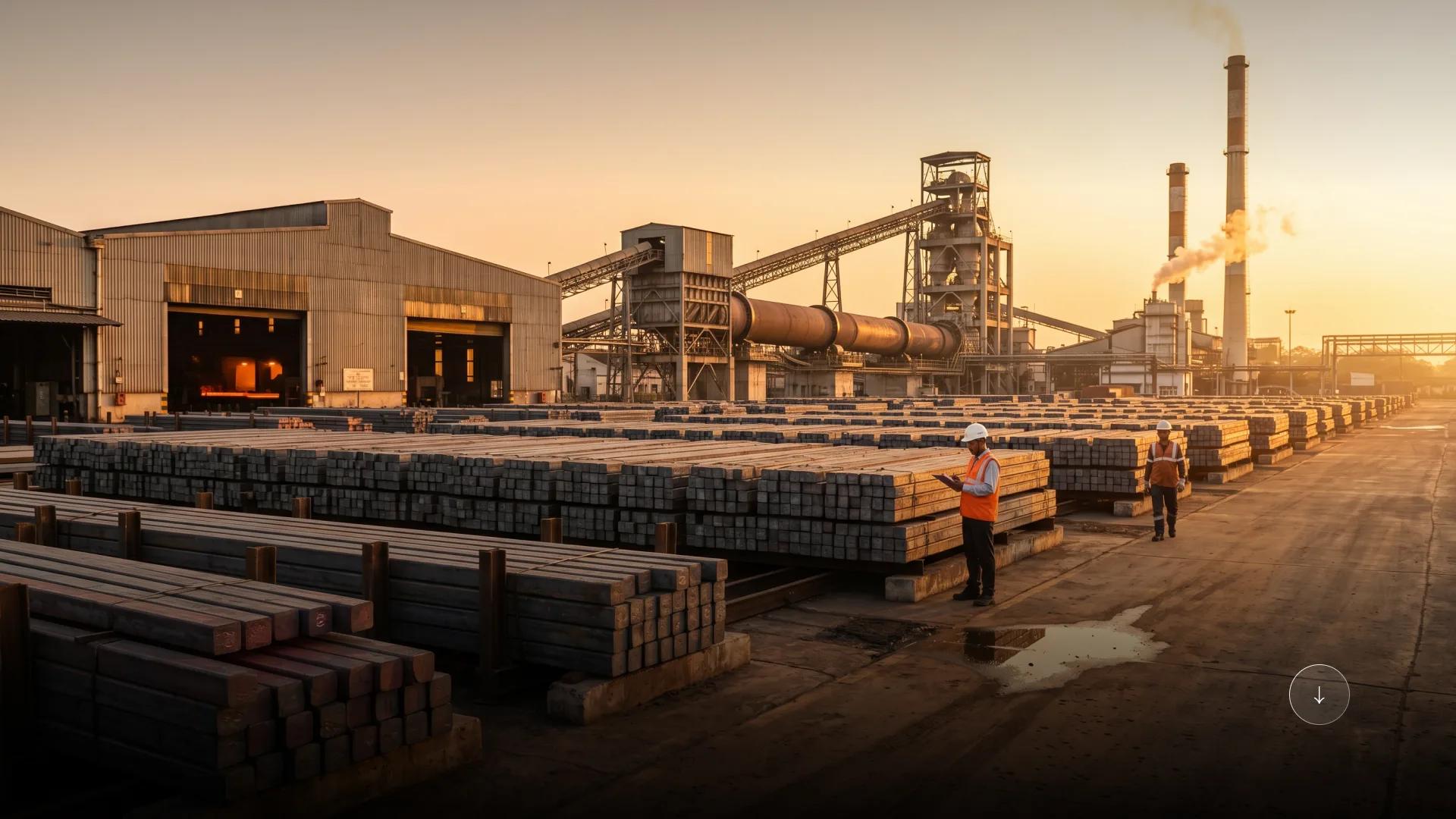 BR Steel & Power integrated plant at sunset — rows of stacked MS billets with the melt shop and captive power chimneys behind.